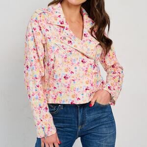 New Linen Blend Fate Watercolor Floral Full Zip Moto Jacket Medium Zip Pockets